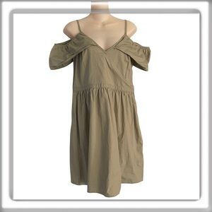 Madewell Cold-Shoulder Ruffle Sheath Dress V-Neck Crisp Cotton Khaki Size 12